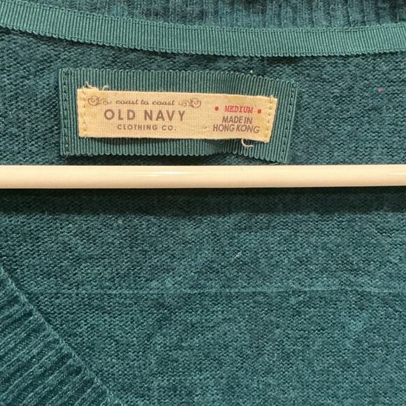 Vintage Old Navy Women Y2K Sweater Size Medium Wool Blend Teal Blue Preppy Vneck - Picture 2 of 7
